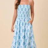 Blue Midi Smocking Dress With Side Seam Pocket