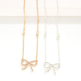 Silver Rhinestone Bow Pendant Necklace