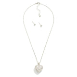 Silver Puffy Rhinestone Heart Pendant Necklace
