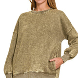 Acid Wash Fleece Hi-Low Hem Pullover with Pockets – Dark Olive (S-3XL)