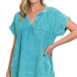 Teal Washed Gauze Raw Edge Top