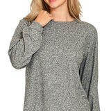 Soft Mélange Hacci Round Neck Long Sleeve Tee – Black