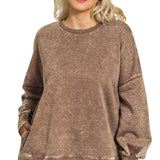 Acid Wash Fleece Hi-Low Hem Pullover with Pockets – Brown (S-3XL)