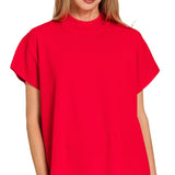 Viscose Mock Neck Short Sleeve Boxy Sweater – Ruby Red