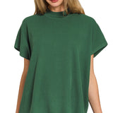 Viscose Mock Neck Short Sleeve Boxy Sweater – Dark Green