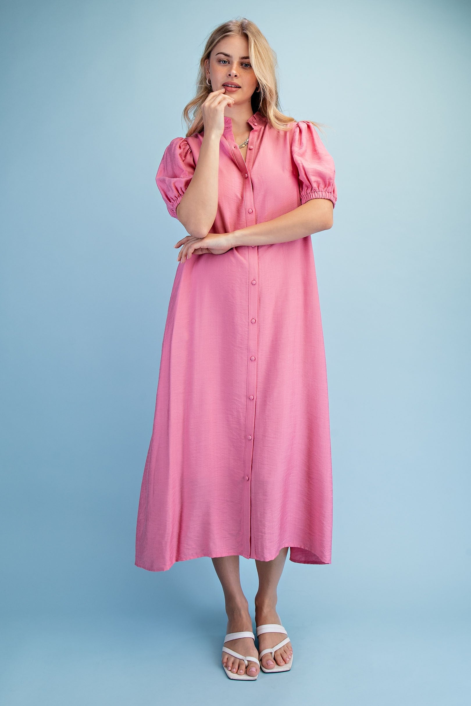 flowy pink midi dress ELYSIAN MUSE PINK MIDI DRESS