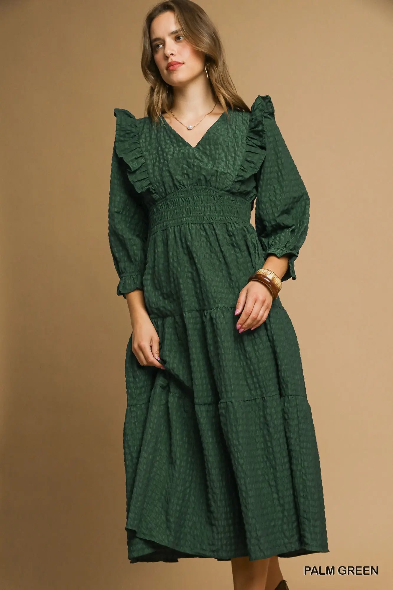 V neck Ruffle Layered 3/4 Sleeve Midi Dress | S-L - Green/Small V neck Ruffle Layered 3/4 Sleeve Midi Dress | S-L - Green/Small