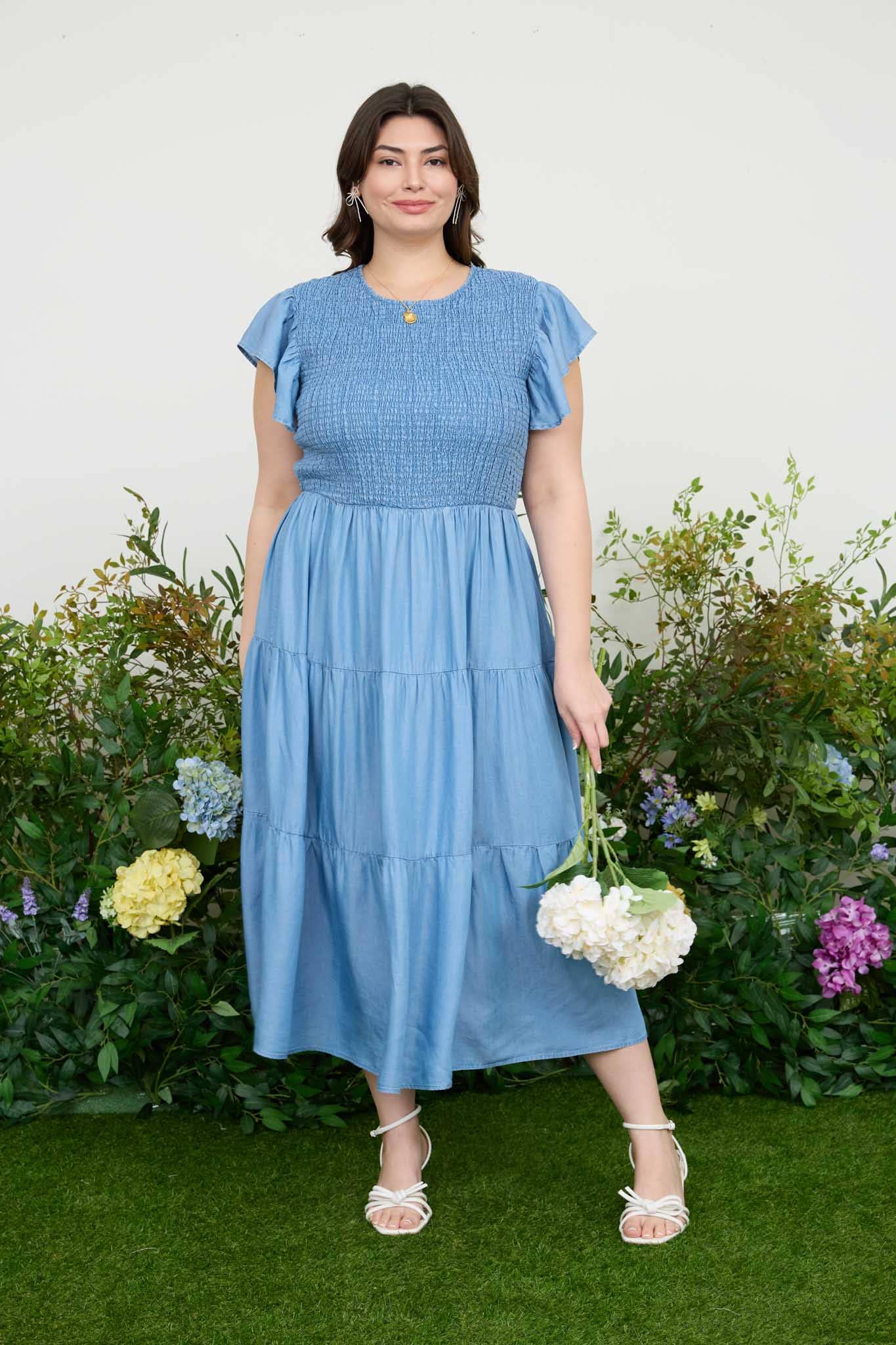 chambray tiered midi dress Blue Chambray Tiered Pine Midi Dress