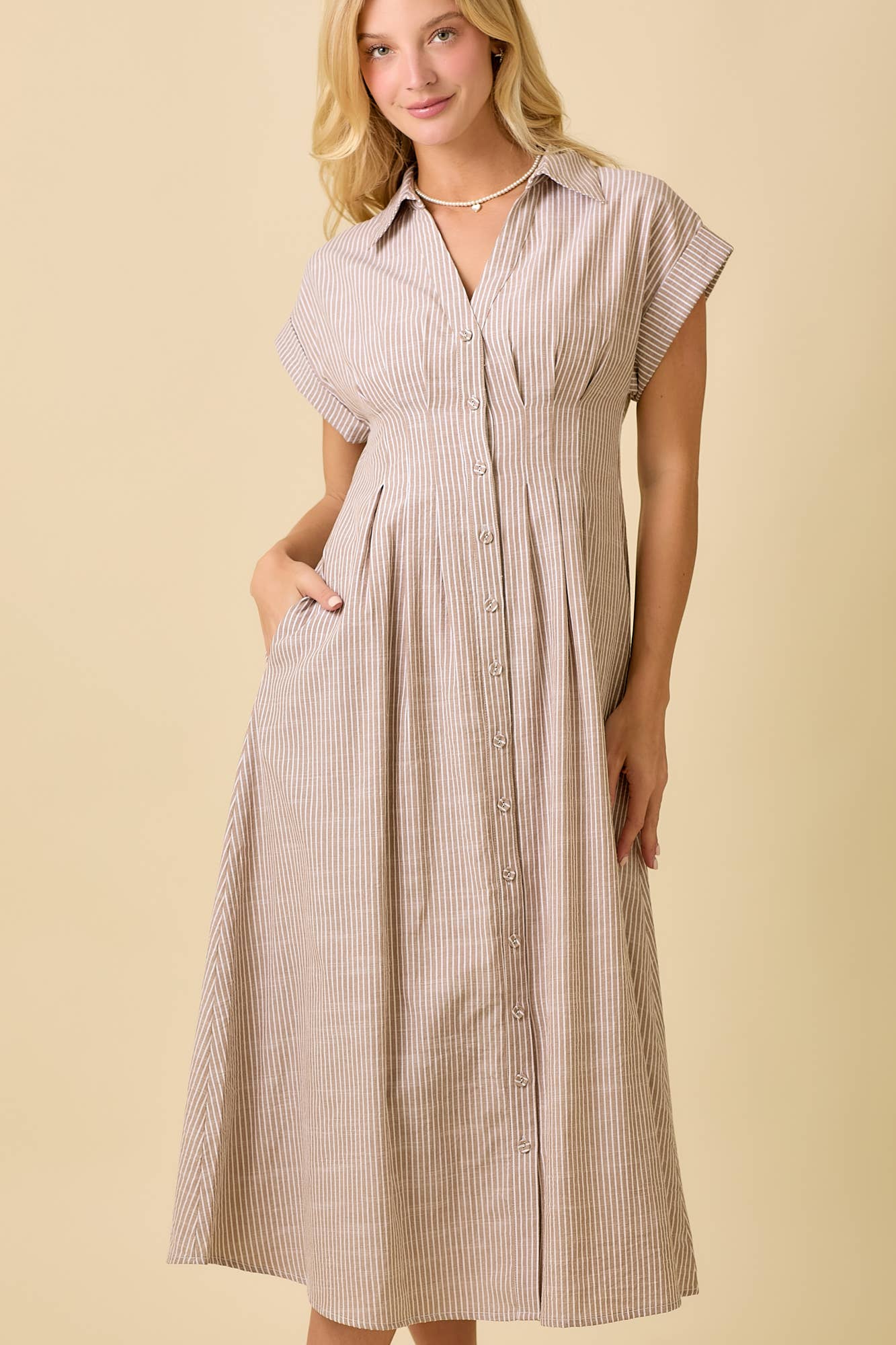 button front pleated midi shirt dress Kori BUTTON FRONT PLEATED MIDI SHIRT DRESS XS / Blue stripe
