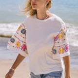 Plus Embroidered Tiered Ruffle Elbow Sleeve Top