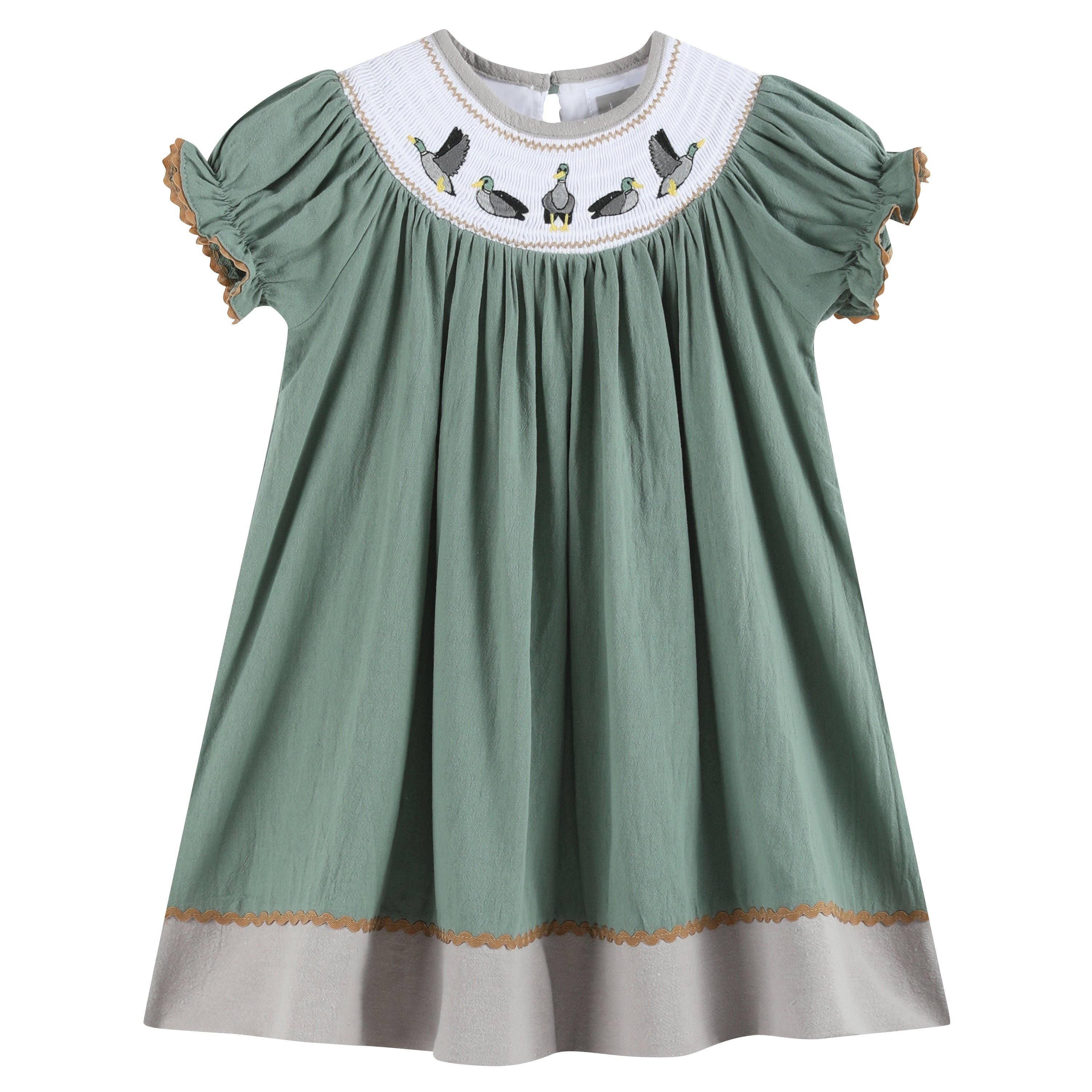 Sage Green Mallard Smocked Bishop Dress - Lil Cactus 5Y Sage Green Mallard Smocked Bishop Dress - Lil Cactus 5Y