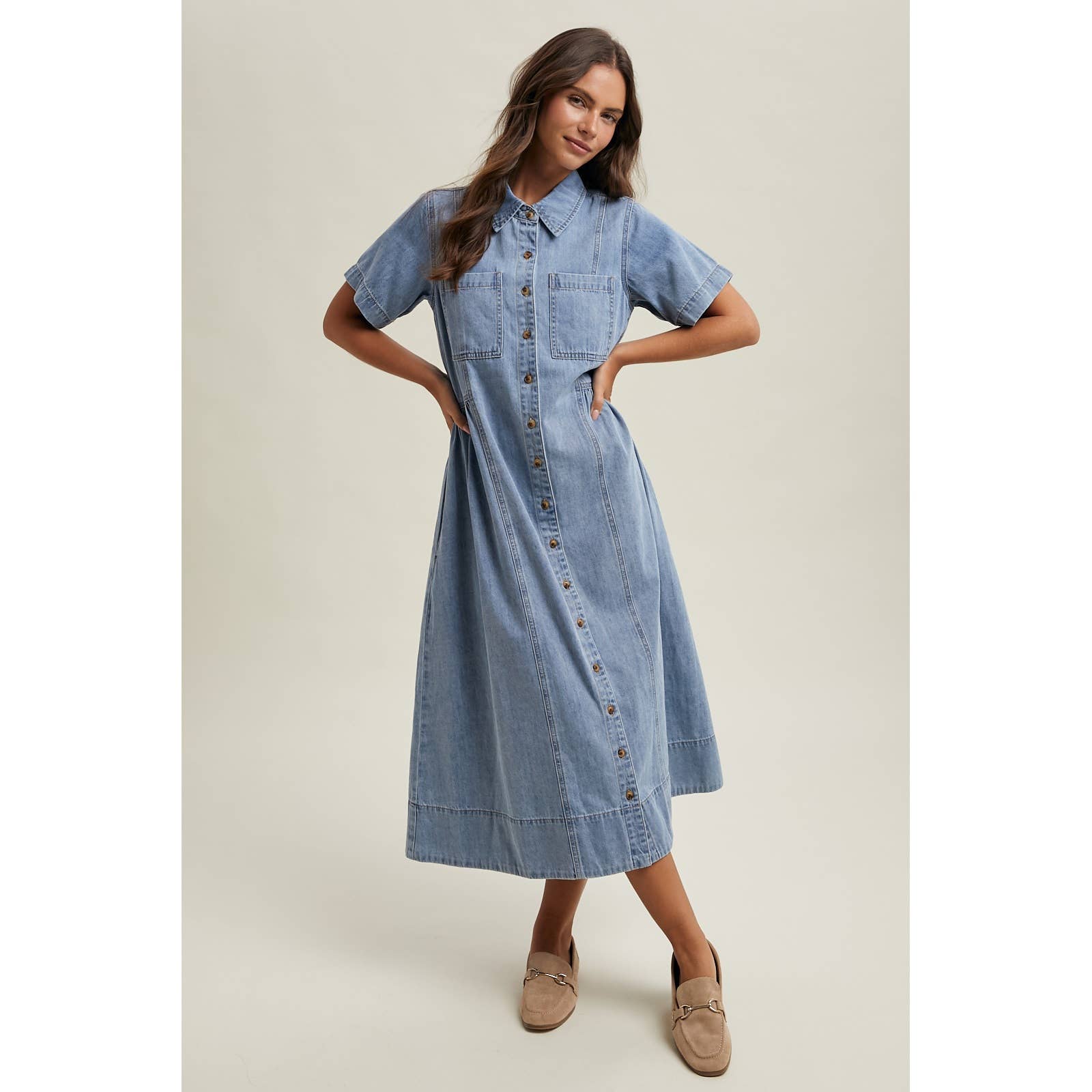 Classic Denim Button-Front Midi Dress Small
