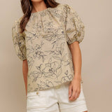 Botanical Sketch Puff Sleeve Top