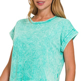 Turquoise Washed Cuff Top