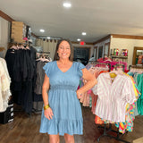 Chambray Flutter V-Neck Mini Dress