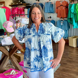 Toile Print Ruffle Neck Top