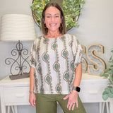 Geometric Floral Printed Elastic Cuff Blouse
