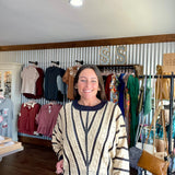 V-Striped Pointelle Lightweight Knit Sweater