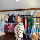 V-Striped Pointelle Lightweight Knit Sweater