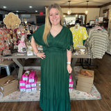 Emerald Satin Ruffle Maxi Dress