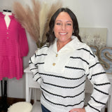 Long sleeve white sweater black striped collared neck