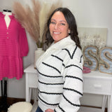 Long sleeve white sweater black striped collared neck
