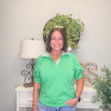 Striped Collar Puff Sleeve Polo – Apple Green