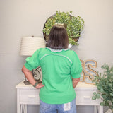 Striped Collar Puff Sleeve Polo – Apple Green