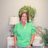 Striped Collar Puff Sleeve Polo – Apple Green