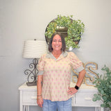 Floral Stripe Accent Puff Sleeve Top – Ecru
