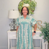 Printed Puff Sleeve Midi Dress – Dusty Mint & Cream
