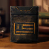 American Flag Burnished Leather Magnetic Front Pocket Wallet