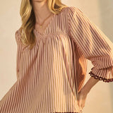 Plus Striped V-Neck Blouse with Lace Trim