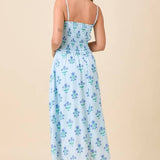 Blue Midi Smocking Dress With Side Seam Pocket