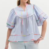 Blue Puff Sleeve V-Neck Top