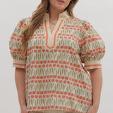Curvy Tulip Trim Puff Sleeve Blouse – Peach Multi