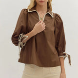 Scallop Trim Bow Sleeve Top- Brown