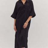 Black Collared Half Sleeve Midi Dress