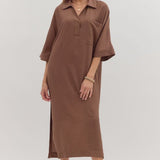 Brown Collared Half Sleeve Midi Dress