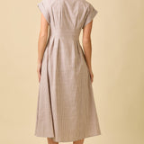 Tan Button Up Front Pleated Midi Shirt Dress