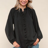 Black Frilled Placket Button-Down Blouse | Plus Size Women’s Dressy Casual Top