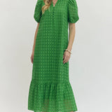 Green Eyelet Puff Sleeve Midi Dress