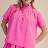 Stand Collar Short Sleeve Shirt - Pink