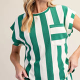 Green Stripe Round Neck Pocket Top