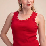 Scallop Trim Ribbed Tank - Red