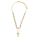 Layered Gold Cross Necklace with Beaded Detail