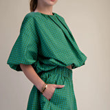 Green Dot Print Puff Sleeve Cropped Top