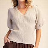 Camille Ribbed Puff Sleeve Cardigan in Beige