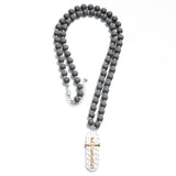 Wood Beaded Necklace with Hammered Cross Pendant