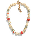 Wood Beaded Necklace with Painted Porcelain Beads
